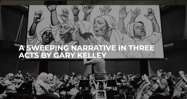 Image from Gary Kelley's The Planets Re-imagined event of a live orchestra playing in front of a projected image of black women marching together.