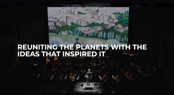 Image of a live orchestra playing as images from Gary Kelley's the Planets series are displayed on a projector. A blurb advertising the event reads "Reuniting The Planets with the ideas that inspired it."