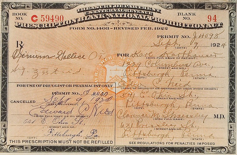 A prescription for medicinal alcohol, filled out in 1924.
