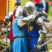 Knights embracing after a joust tourney