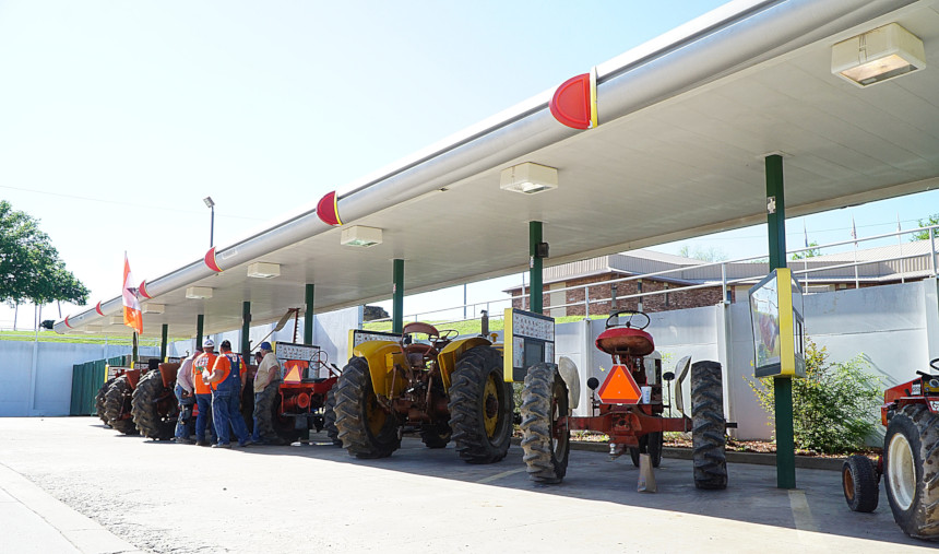 Tractor collectors hang out for lunch at a Sonics in Pawnee, Oklahoma