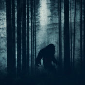 Bigfoot walking through a dark forest