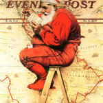 Santa with book sitting on ladder in front of world map