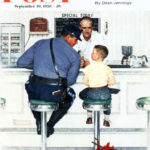 Runaway boy and police officer at diner counter
