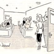 Woman needs to maneuver around leering men to ask someone a question.