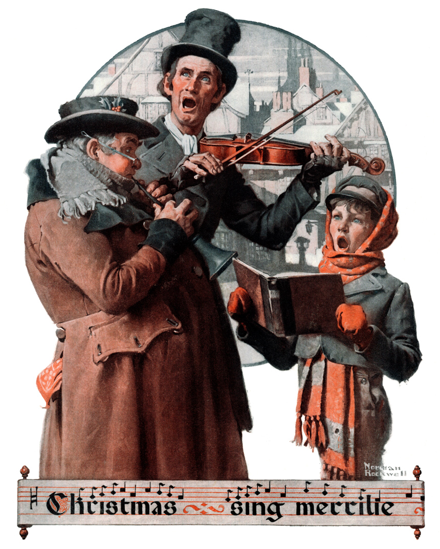 Christmas carolers singing in a London street.