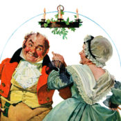 A middle-aged couple in Dickens-era clothing dance under a mistletoe