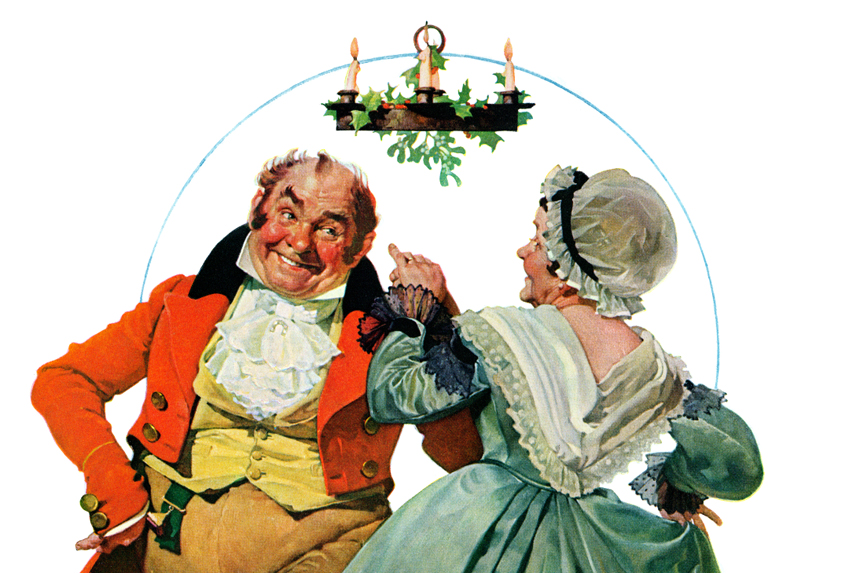 A middle-aged couple in Dickens-era clothing dance under a mistletoe