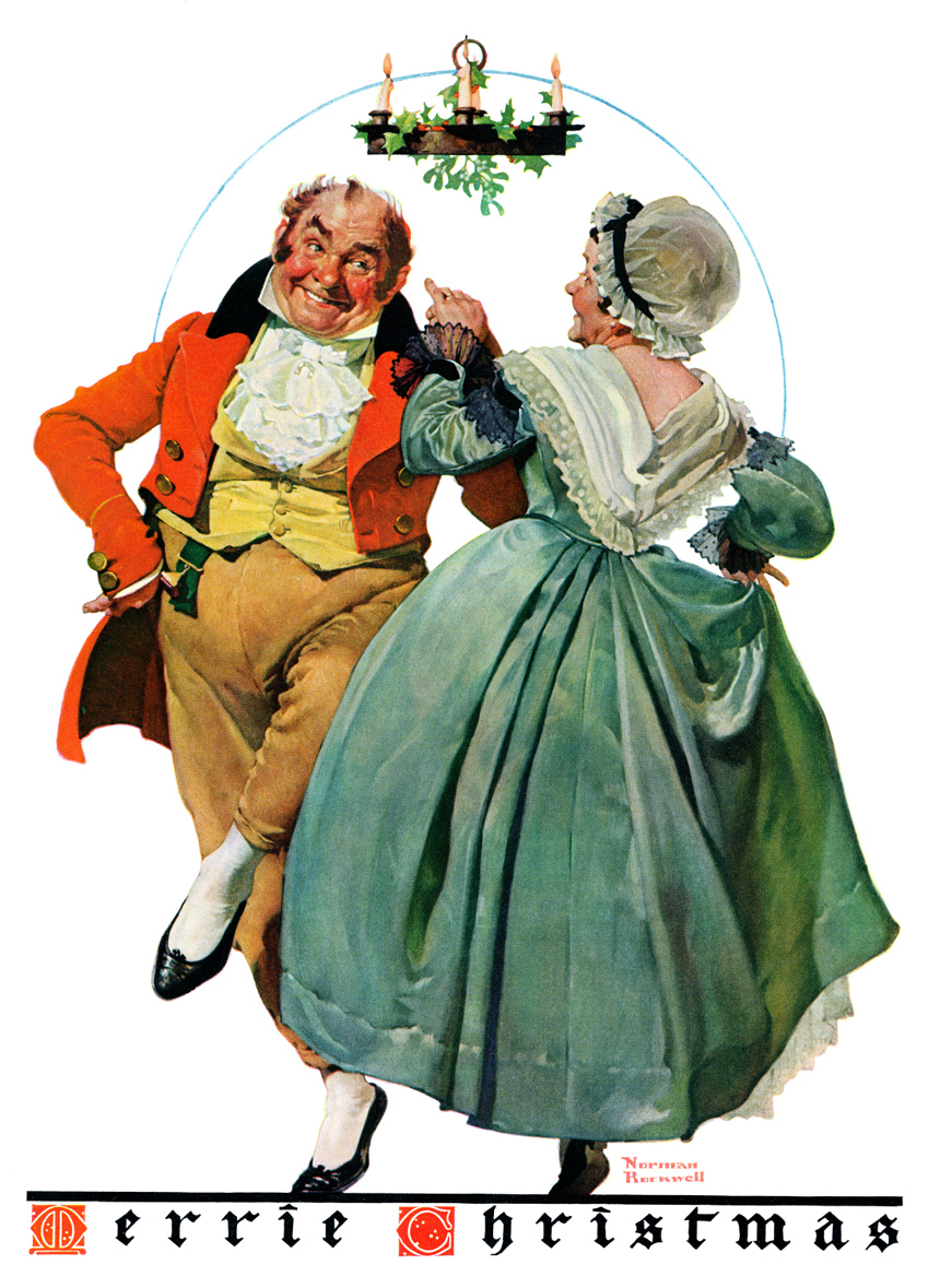 A middle-aged couple in Dickens-era clothing dance under a mistletoe