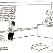 Kid writes "I will not repeat myself" repeatedly on the chalkboard as punishment.