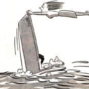 Woman grasping the bow of a speedboat as her husband drives it so fast that the craft points straight up as it moves through the water.