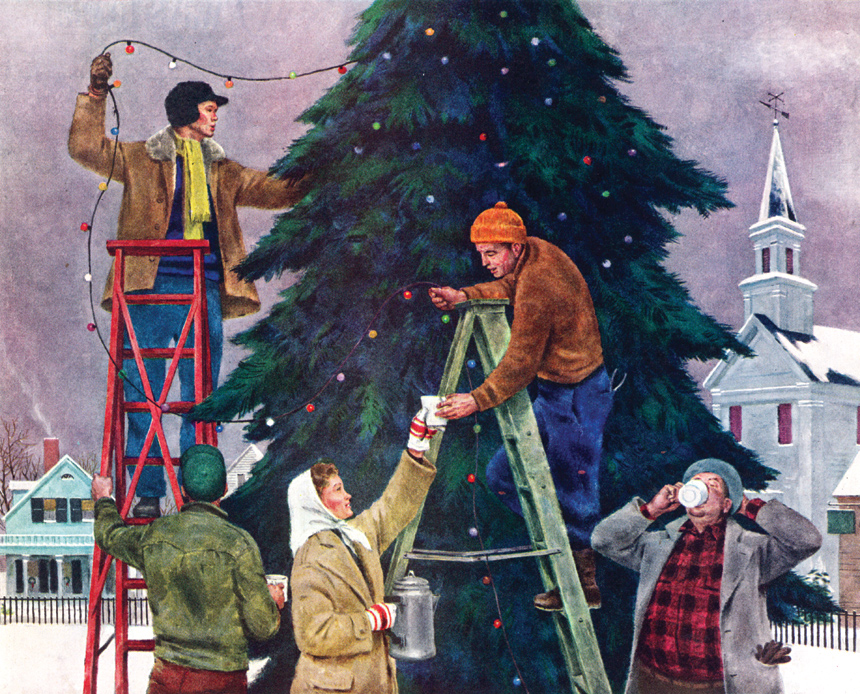 A woman hands cups of coffee to workers who are putting up Christmas lights on trees in front of a church.