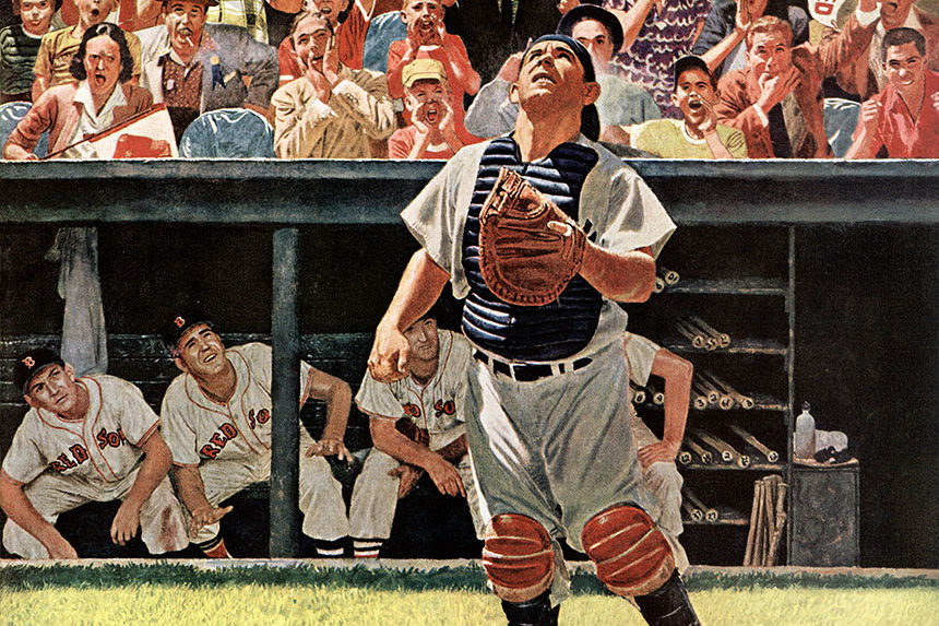 Yogi Berra preparing to catch baseball