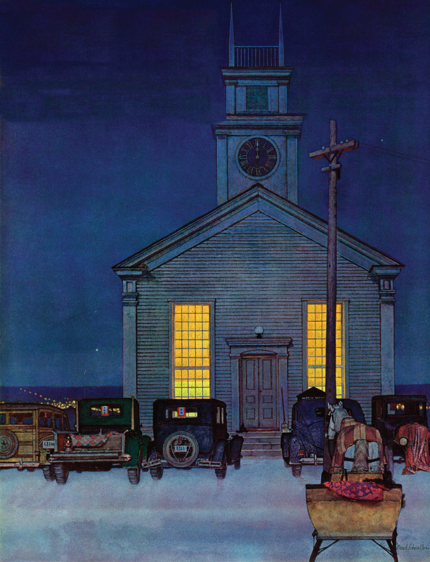 Parishioners' cars parked outside a chruch during Christmas Eve service.