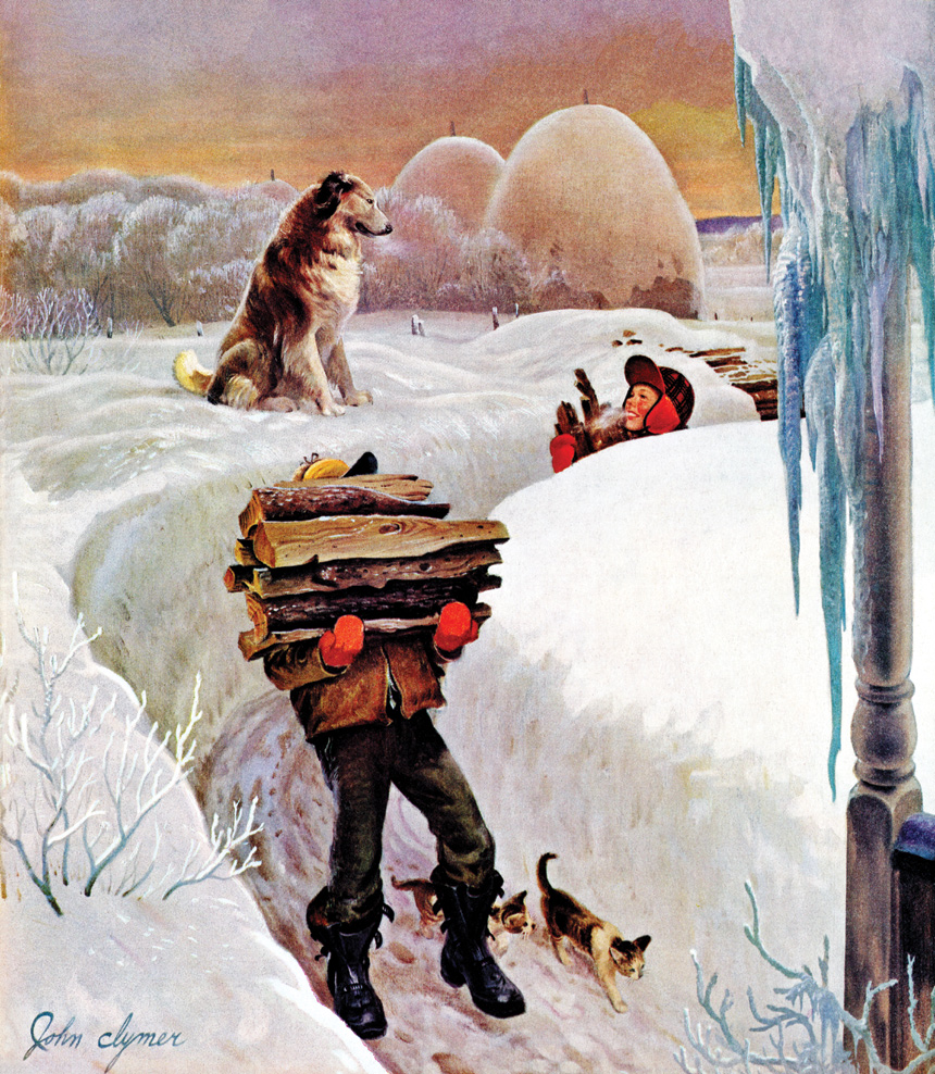 A father and his son bring in chopped wood through deep snow, as their dog and cats accompany them.