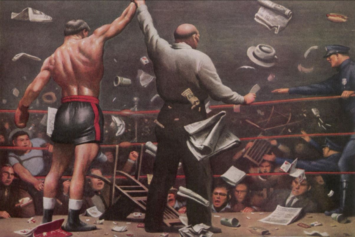 Illustration of a boxing referee lifting the victorious fighter's arm before a cheering crowd.