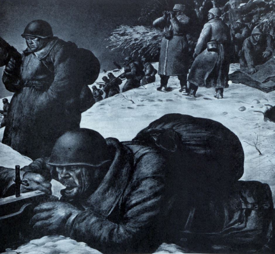 Illustration of soldiers in a winter battlefield