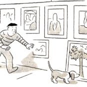 Dog sniffing a tree painting