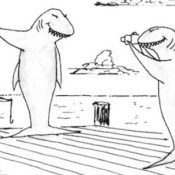 Sharks holding up a 'caught' fisherman. One of the sharks is taking a picture of his buddy holding the catch up.