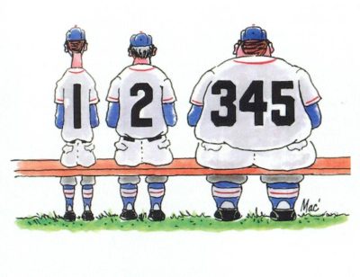 Three baseball players sit on a bench. Two skinny ones with the numbers '1' and '2' on the backs of their uniforms; the third one, who is very large, has a '345' on his uniform.