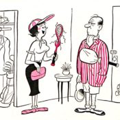 Woman holds up a busted tennis racket