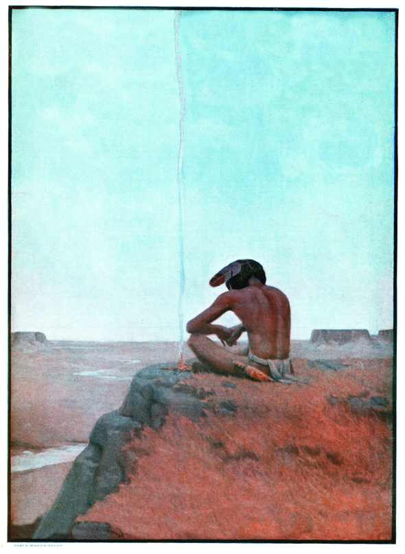 Native American sitting on a high ridge, overlooking a prairie