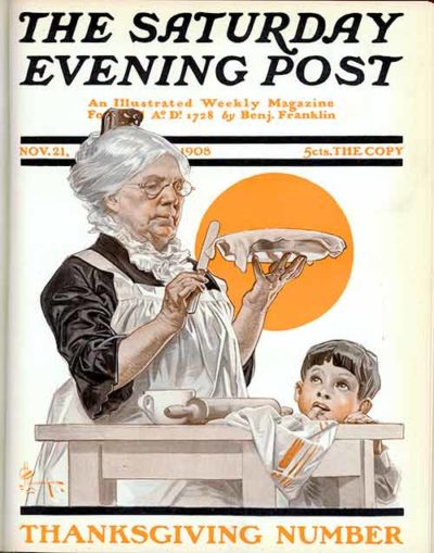 “Boy Watching Grandmother Trim Pie” by JC Leyendecker From November 21, 1908