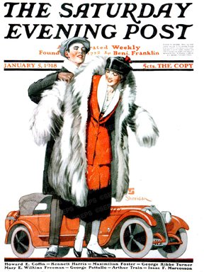 A man helping a woman put on a fur coat.