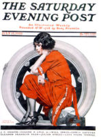 Woman attempting to fix a flat tire.