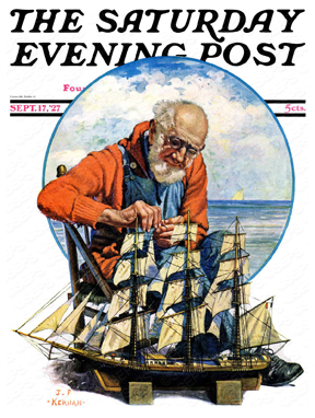 An older gentleman building a model ship.