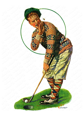A golfer on a putting green waving away a bee.