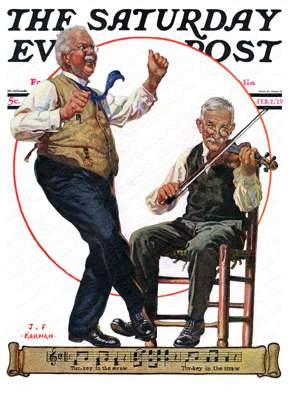 An older man dances while his friend plays the violin.