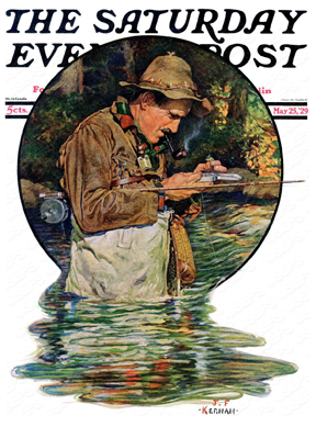 A fly fisherman trying a lure to a fishing pole.