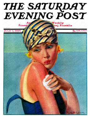 A sunbather inspects her sunburned shoulder.