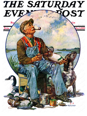 A hunter paints his decoy ducks while he looks up at the sky.