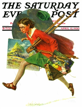 Young girl artist running from rain with easle and paints