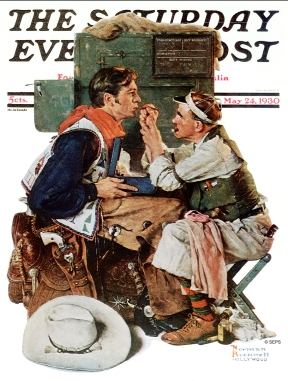 Cowboy movie star being made up by makeup man