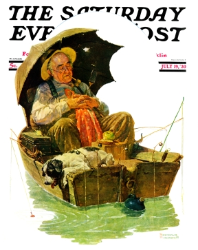 Sleeping old man & dog in rowboat w/multiple fishing lines