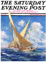 Two sailboats racing around a marker