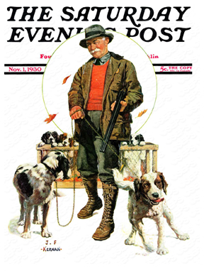 A hunter and his dogs during a hunt.