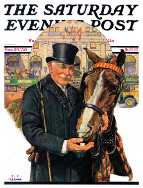 A coachman feeding a sugarcube to his horse.