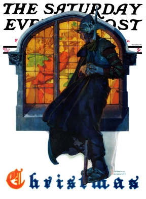 Knight on guard views Christmas cheer through window