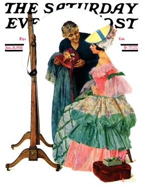 Woman trying on dress in front of cheval mirror