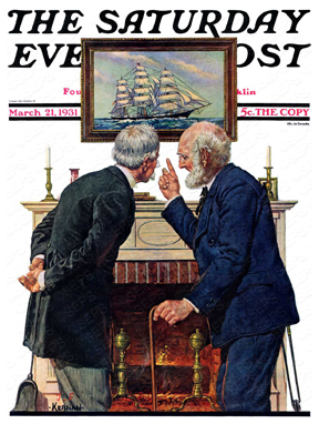 Two older men talk about a painting of a ship.