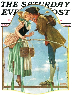 Milkmaid kissing colonist on footbridge