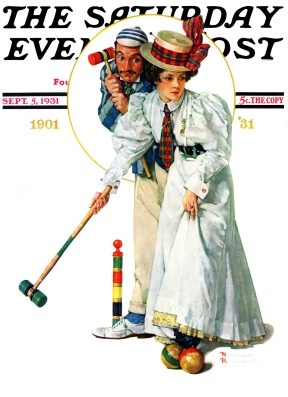 Gay '90s couple playing croquet