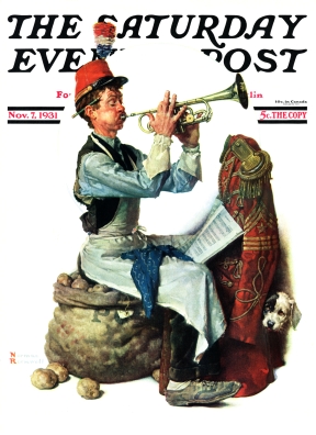 Trumpet player sits on sack of potatoes