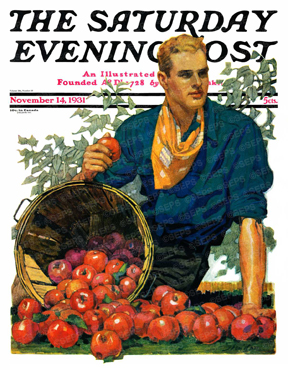 A young man and a bushel of apples.