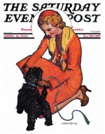 A young woman petting a Scottish Terrier.