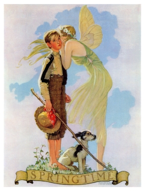Fairy whispering to farm boy with dog